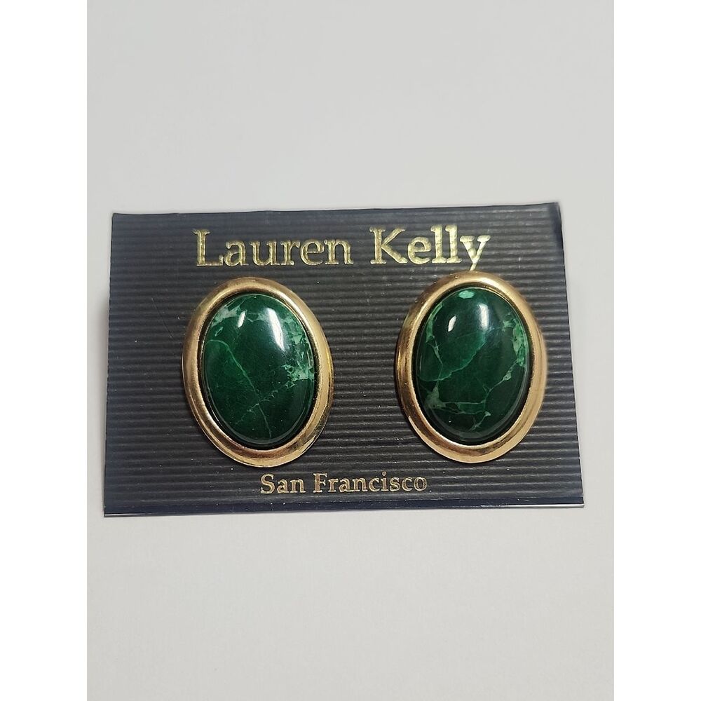 Lauren Kelly Green And Gold Vintage Oval Stud Earrings Vintage 1980s Statement